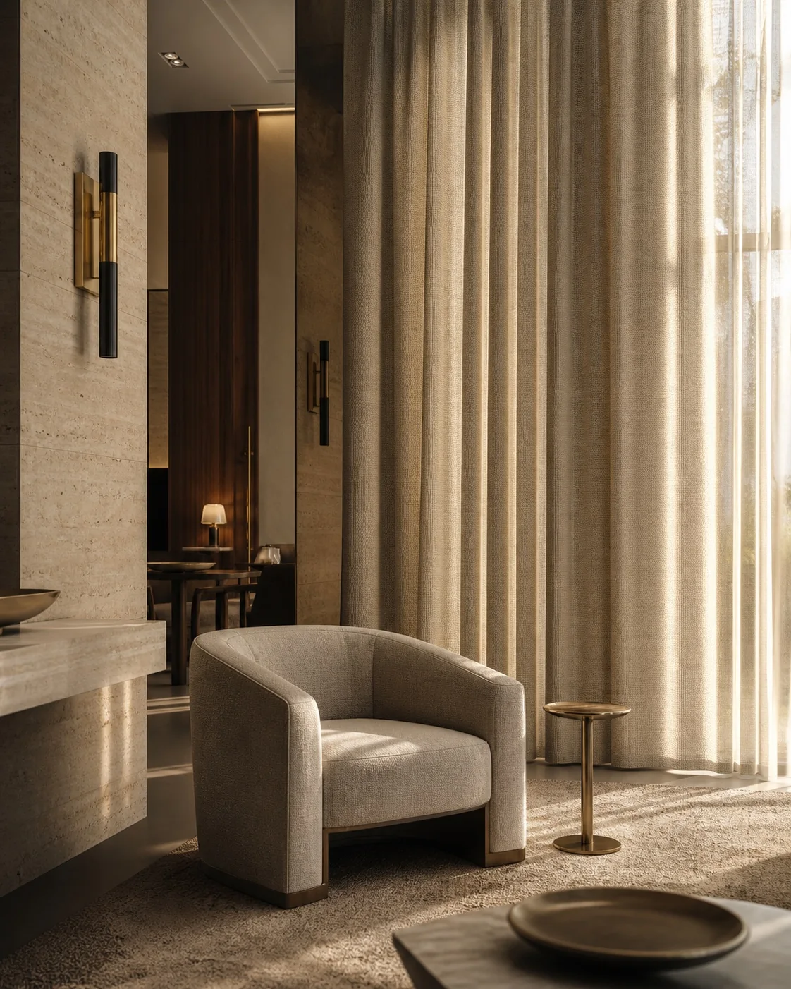 Butik otel lounge alanında Alpaka perde ve koltuk uygulaması