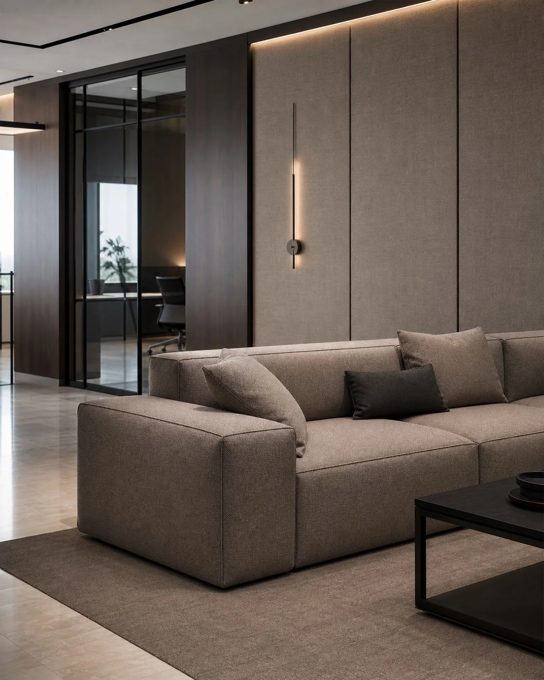 Kurumsal ofis lounge alanında Alpaka döşemelik kumaş uygulaması