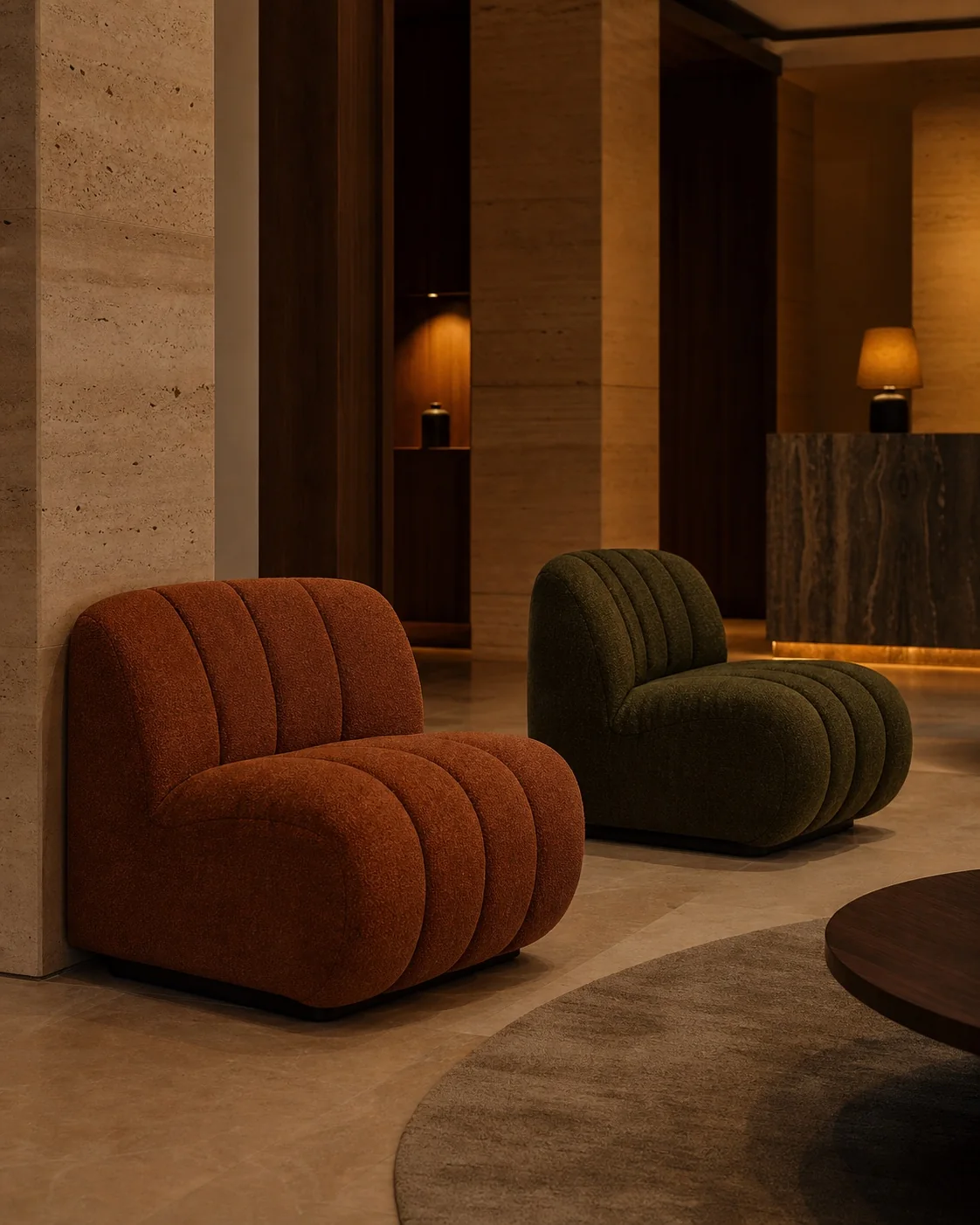 Butik otel lobisinde Döşemelik kumaş koltuk uygulaması